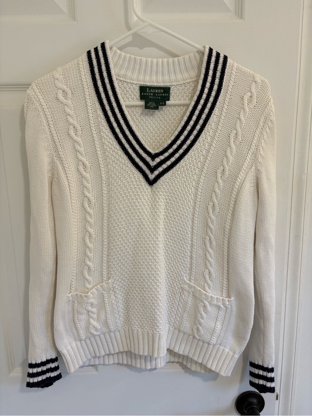 Ralph Lauren Cream V-Neck Cable Knit Sweater with Navy Trim